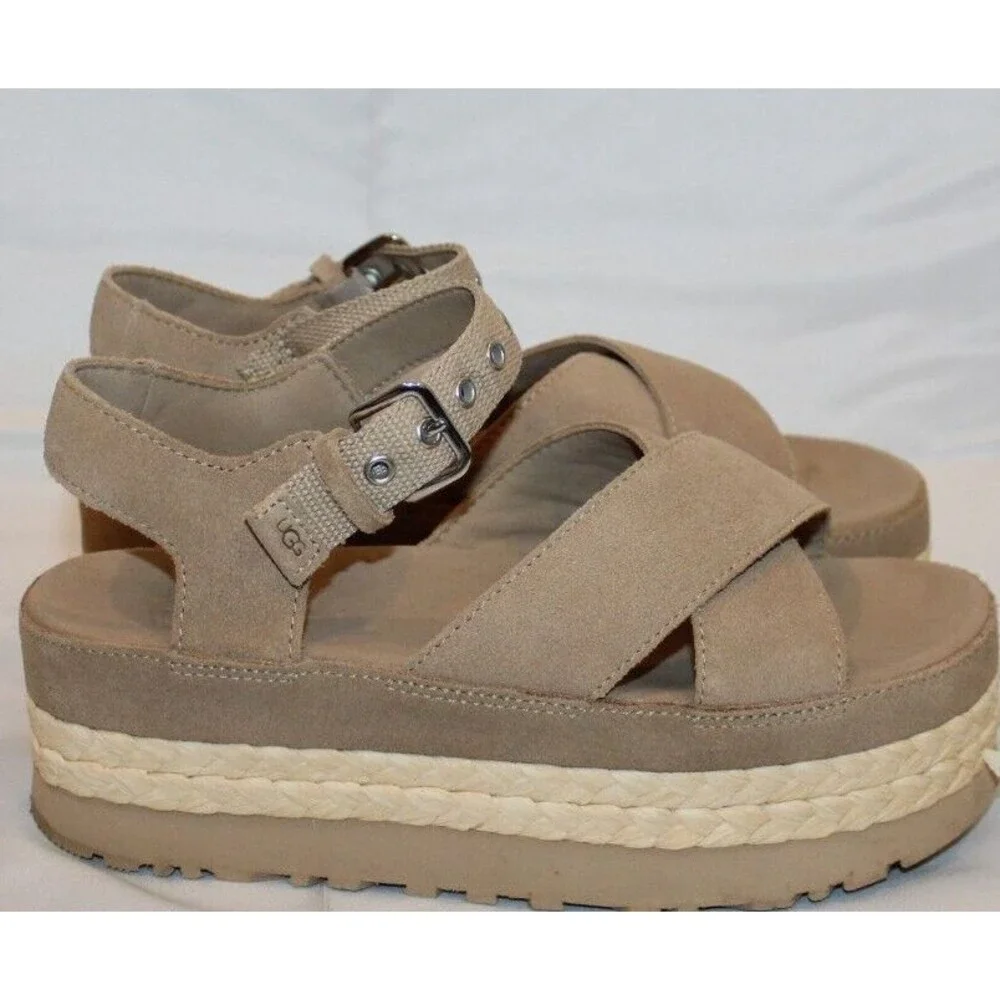 NIB Ugg Aubrey Women's Platform Ankle Suede Sandals‎ Sand